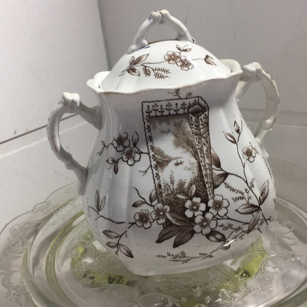 antique ironstone large sugar bowl brown transfer